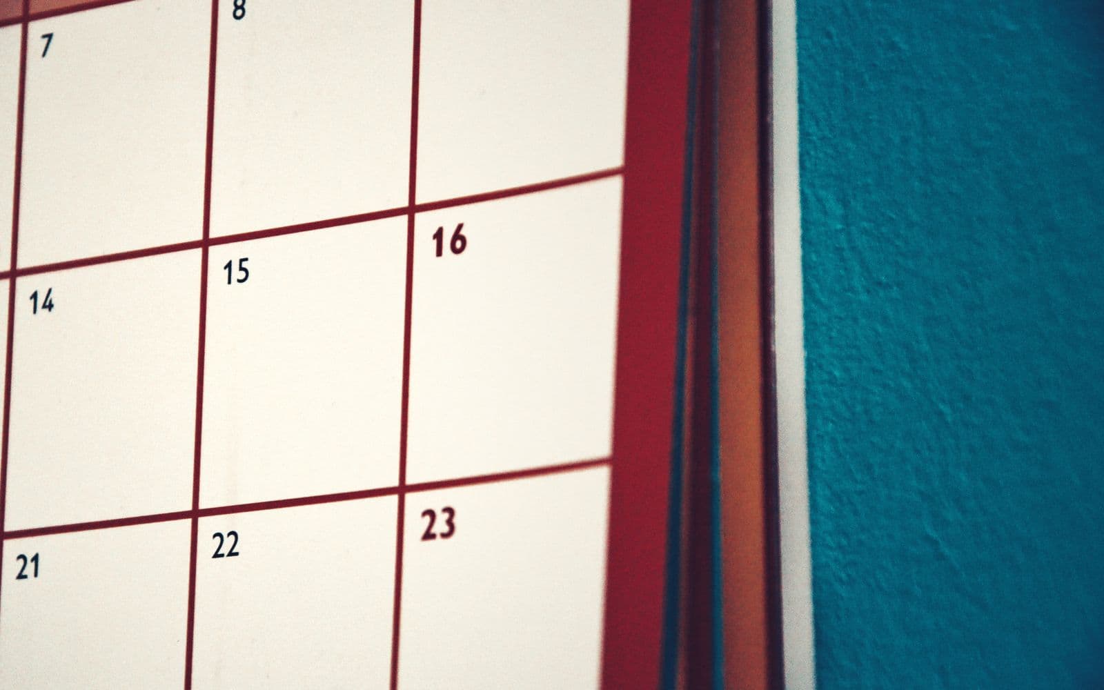 The date grid of a printed wall calendar